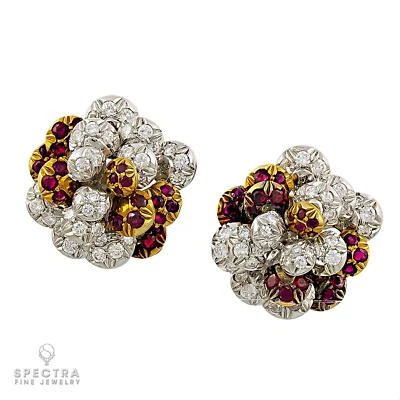 卡地亚复古钻石红宝石炸弹纽扣耳环 — 第 1/3 张图片