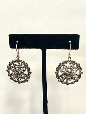 IMPRESIONANTES PENDIENTES COLGANTES/GOTAS REDONDOS DE PLATA DE LEY CIRCONITA CÚBICA Y MARCASITA (9,70 G Foto 1 de 4