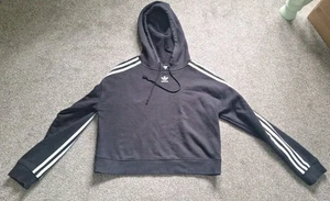 Adidas Hoodie Womens Size 8 Black Cotton Cropped 3 Stripes On Shoulders Used - Picture 1 of 6