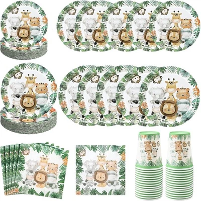 240 Pcs Jungle Safari Baby Shower Decorations Tableware Set Paper Plates and ... - Image 1 of 4