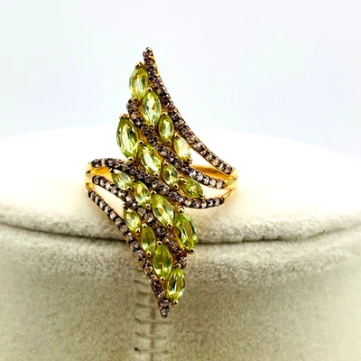 Natural Arizona Peridot & Brown Zircon Bypass Ring 14K Gold & 925 Silver, Sz 10 - Image 1 of 4