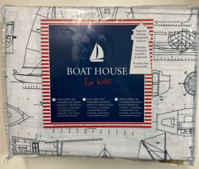 New BOAT HOUSE Kids White Navy Blue Sailboats Nautical Sheet Set - Twin 3PC - Image 1 of 4