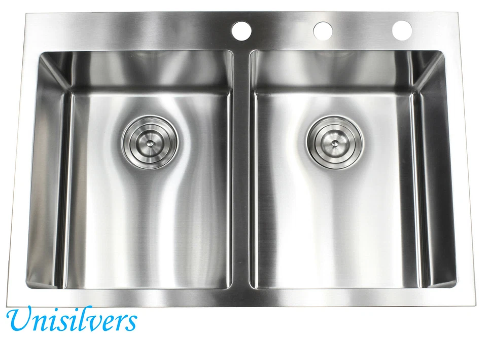 Fregadero de cocina de doble cuenco de acero inoxidable con radio de 15 mm de montaje superior de 33" x 22" Foto 1 de 1