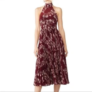 Fame & Partners Zora Red Halter Pleated Floral Midi Dress Size 2 - Picture 1 of 12