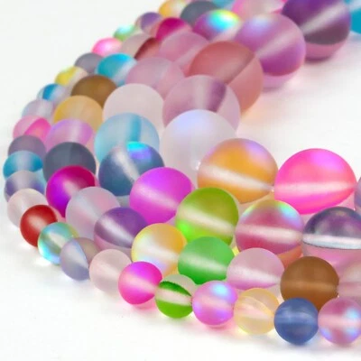RIVER VALLEY GEMS Matte Multicolor Mystic Aura Round Beads 15" Strand Frosted Mermaid Glass Loose