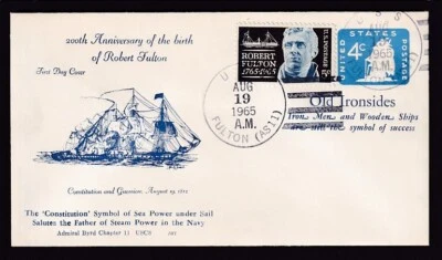 US #1270 ROBERT FULTON ON #U549 OLD IRONSIDES FIRST DAY COVER 1965 - Image 1 of 2