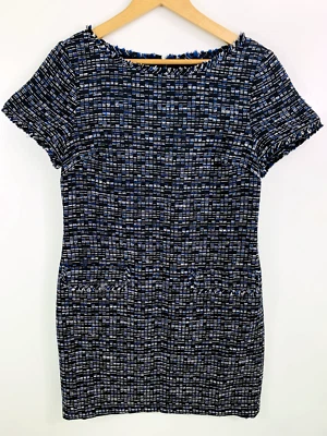 Платье женское Banana Republic размер 12 твидовое синее черное с оборками короткий рукав  - Изображение 1 из 4