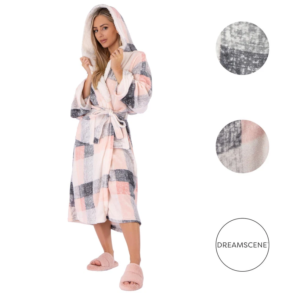 Dreamscene Check Hooded Dressing Gown Soft Flannel Fleece Unisex Sherpa Bathrobe