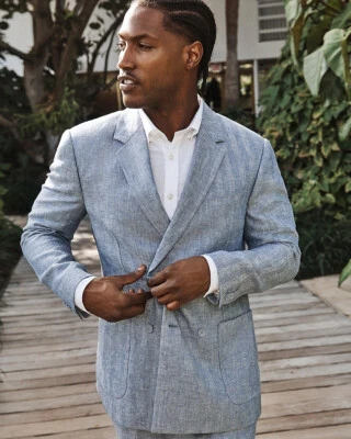 CHAQUETA DE TRAJE NUEVA EXPRESS $278 AZUL DELGADA ESPIGA DOBLE BOTONADURA LINO TALLA 38S Foto 1 de 4