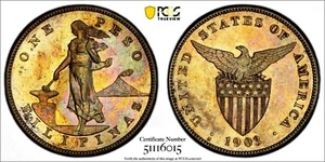 Philippinen Silber 1903 S 1 Peso PCGS AU58 38mm Large Type RAINBOW TONED KM# 168 - Bild 1 von 5