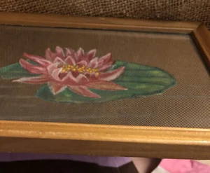 Antique Silk Painting Water Lily 1930s Primitive Folk Art Framed Naive Lilypad - Picture 1 of 10