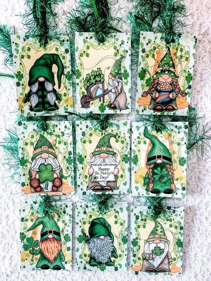 St. Patrick's Day Gnomes~ 9 Gift Hang Tags~Scrapbooks~Junk Journals~Crafts~594 - Image 1 of 1