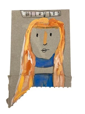 Outsider Art Primitive Orange Woman Portrait Painting Original Silly Art - Image 1 of 4