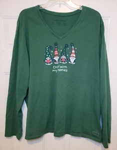 Ladies LIFE IS GOOD Green Long Slv Top Crusher Tee Chillin w/ Gnomies, Plus XXL - Picture 1 of 1