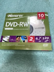 Memorex DVD RW 4.7 GB 120min  Blank Storage Media Rewritable Cds 10 Pack New - Picture 1 of 5