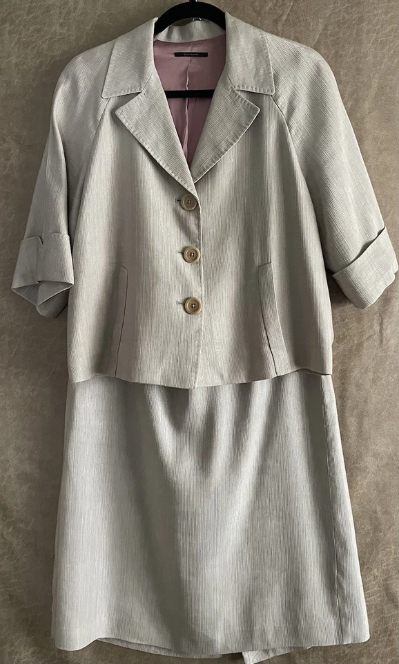 Jaqueta/saia Elie Tahari 2 peças mistura de seda tweed bege manga curta punho tamanho médio - Imagem 1 de 4