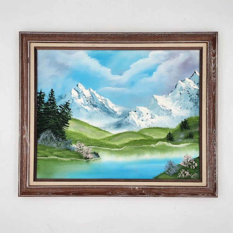 Original Oil Painting Mountain Lake Landscape Bob Ross Style Framed Signed Art - Image 1 of 4