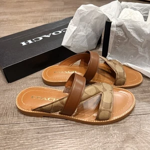 NIB Coach Signature Harlan Sandal CA363 Khaki/Saddle sz 5.5 - Picture 1 of 8