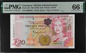 Guernsey 1996 20 libras P58c UNC PMG 66 - Imagen 1 de 2