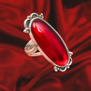 Garnet Gemstone Oval Shape Long Ring, 925 Sterling Silver Handmade Woman Ring - Picture 1 of 9