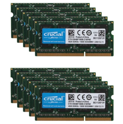 Crucial 40 GB DDR3 RAM 10X 4 GB PC3L-12800 1600MHz 204Pin SODIMM Laptop Memory - Image 1 of 4