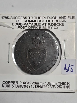 1795 1/2 PENNY SUCCESS TO THE PLOUGH AND FLEECE; VF-25 P. DECKS CONDOR TOKEN IMO - Image 1 of 3