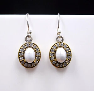 4.29 GM Perla & C.Z.Pietra Orecchino 925 Argento Sterling Bicolore Misura 2.5cm - Foto 1 di 5