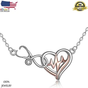 925 Sterling Silver Necklace Nurse Hat Charm Heartbeat Necklace Gifts for Nurses - Picture 1 of 5