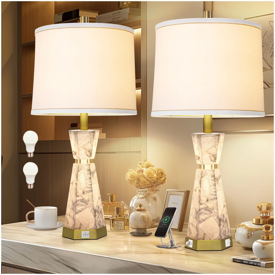 Natural Alabaster Table LampLiving Room Lamps Set of 2Nightstand Lamp with Ni... - Image 1 of 4