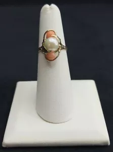 Anillo vintage de 7 mm de agua salada de coral perla y melocotón de oro amarillo 14 K talla 5 - Imagen 1 de 4