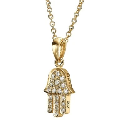 Pequeño colgante Hamsa de diamantes de oro macizo de 18k pavé de diamantes joyas con dije judío Foto 1 de 4