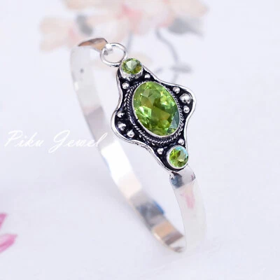 Faceted Peridot Gemstone  925 Sterling Silver Cuff Bangle For Occasion Wear - Image 1 of 4