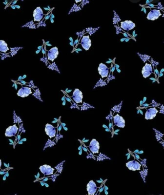 Royal Plume by Chong A Hwang Small Blue Flowers on Black Fabric by the Yard - Image 1 of 3