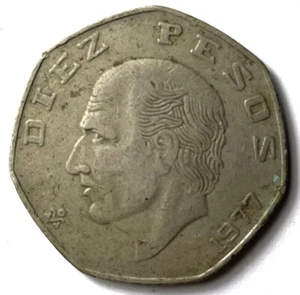 1977 M Mexico 10 Pesos w HIDALGO Old Mexican Coin Eagle Snares Snake Beak D145 - Picture 1 of 2