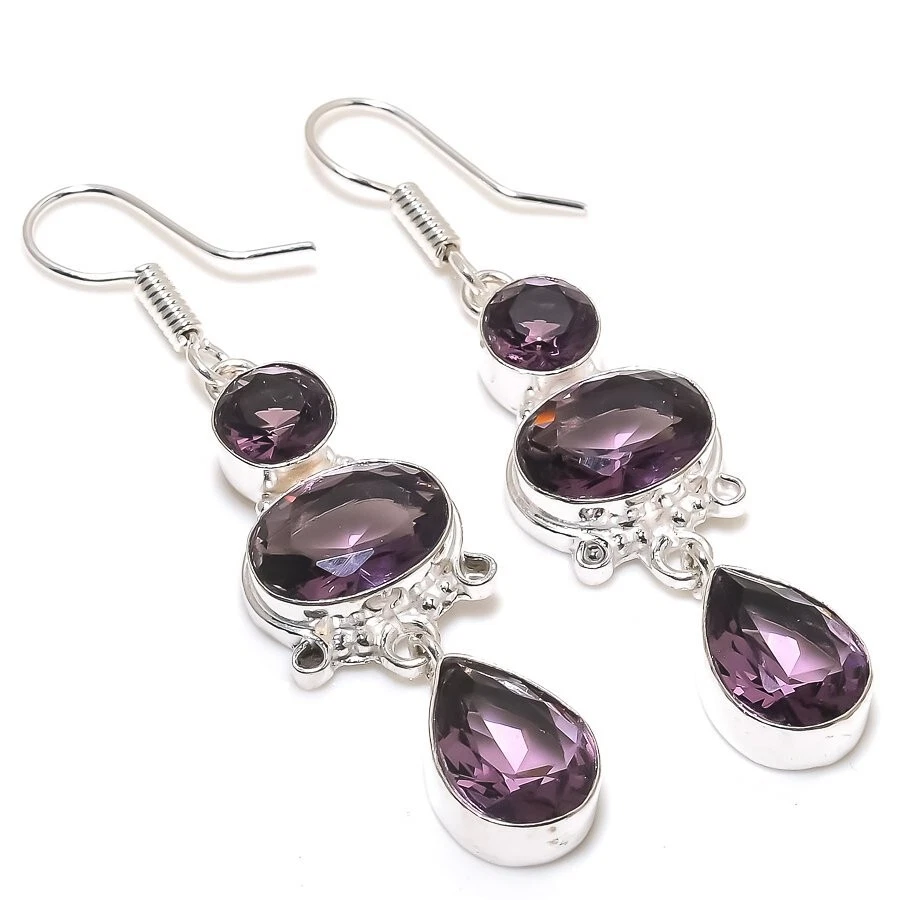 Purple Amethyst Gemstone Handmade 925 Sterling Silver Jewelry  Earring Sz 2.3" - Image 1 of 1