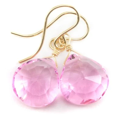 Pendientes de zafiro simulado rosa claro faceta lágrimas gotas oro de ley 14k Foto 1 de 4