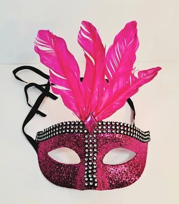 Costume Mask Pink Feathered  Party Halloween Masquerade  - Image 1 of 4