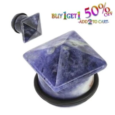 Pair 8g-25mm BLUE SODALITE PYRAMID STONE PLUGS Single Flare Gauges Organic  2211 - Image 1 of 4