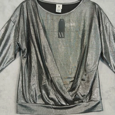 Wrapper Women's Medium Blouse 3/4 Sleeve Silver Shimmery Disco Night Out Party - Image 1 of 4