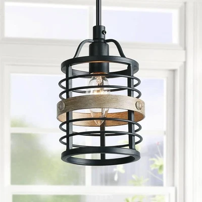 LNC Farmhouse Faux-Wood Pendant Lighting, Rustic Mini Hanging Fixture for Kit... - Image 1 of 4