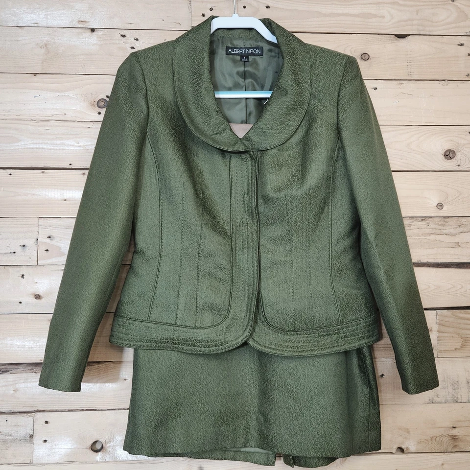 Albert Nipon 2pc Skirt Suit 8 Women's Wool Silk Green Peter Pan Collar Jackie - Image 1 of 4