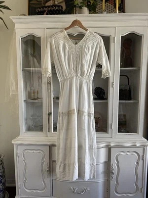 Vintage Edwardian Antique White Cotton Rose Bobbin Lace Lawn Tea Dress Crochet - Image 1 of 4