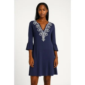 Tori Richard Womens Navy Blue Embroidered Bell Sleeve Tunic Boho Dress Size XS - Picture 1 of 11