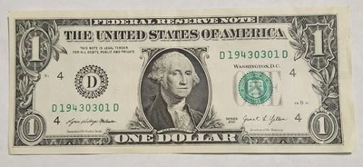 MARCH  1st, 1943  BIRTHDAY NOTE FANCY SERIAL NUMBER 2021 $1 Dollar Note - Image 1 of 3