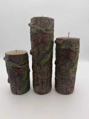 Rustic Log Candles Set of 3 Pillars & Sizes Cabin Lodge Nature Pinecone Tree - Image 1 of 4