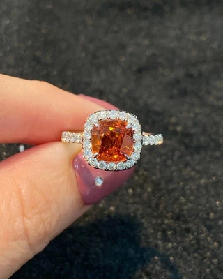 Обручальное кольцо с натуральным оранжевым сапфиром огранки подушка 4,05 карата 950 платина - Изображение 1 из 4