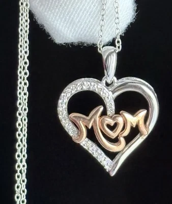 Collar colgante corazón "mamá" de diamantes reales de plata de ley 925 y oro rosa de 10 quilates Foto 1 de 4