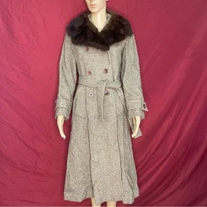 Vintage Woll Tweed Trench Gürtel Mantel mit Kojotenfell Schalkragen Medium - Bild 1 von 13