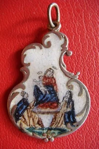 TOP RARE ANTIQUE VIRGIN MARY MONTAIGU PORCELAIN PAINTING ENAMEL HOLY ICON MEDAL - Picture 1 of 20