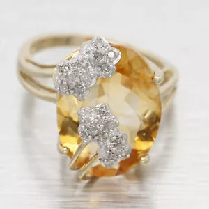 Vintage Large Citrine & Diamond Flower Cocktail Ring - 10k Yellow Gold - Picture 1 of 8